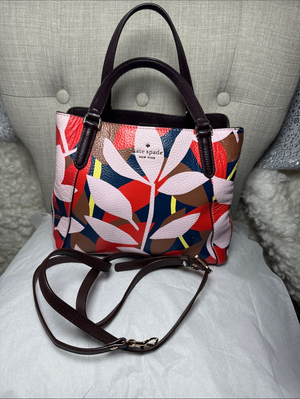 kate spade Pink Red Navy Multicolor Leaf-Print Satchel